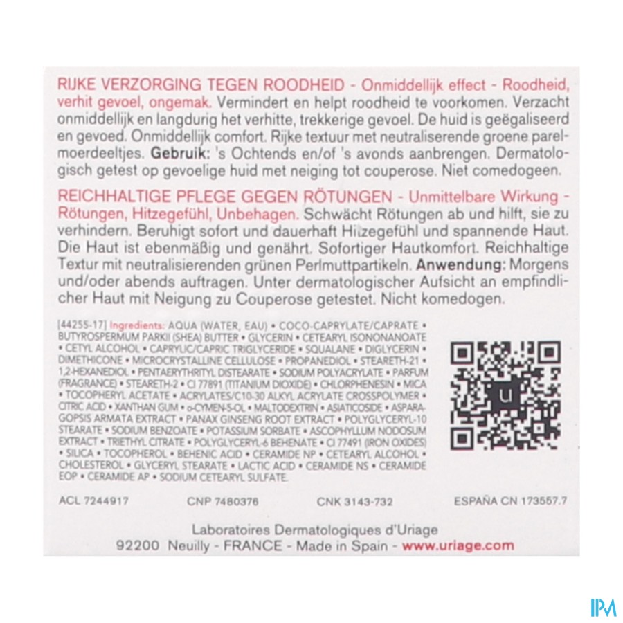 Uriage Roseliane Creme Rijk A/roodheid Pot 50ml