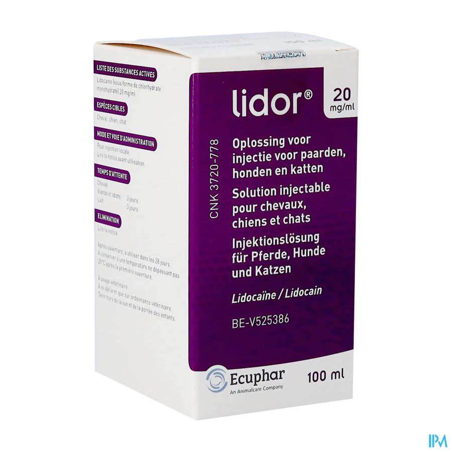Lidor 20mg/ml Opl Inj Paard-hond-kat 100ml Lidor 20mg/ml Opl Inj Paard-hond-kat 100ml