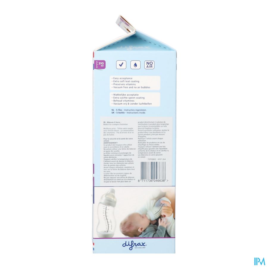 Difrax S-fles Breed Glas Wit 310ml 1