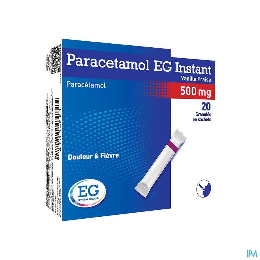 Paracetamol EG Inst.500Mg Vanil-Aardbei   Zakje 20