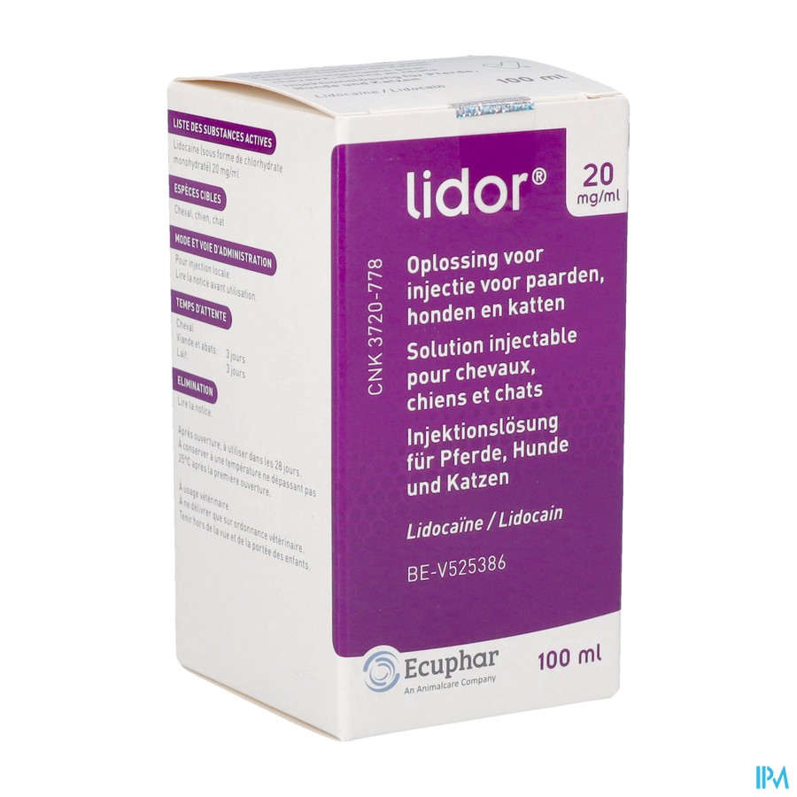 Lidor 20mg/ml Opl Inj Paard-hond-kat 100ml