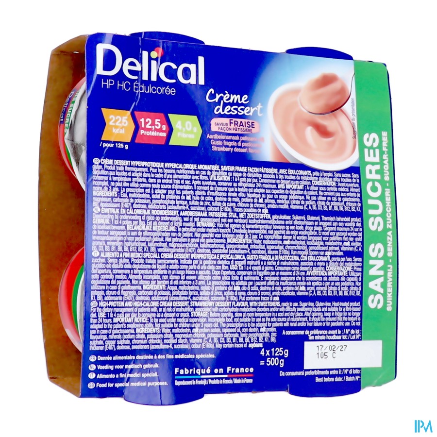 Delical Creme Dessert Hp-hc Z/suik. Aardbei 4x124g