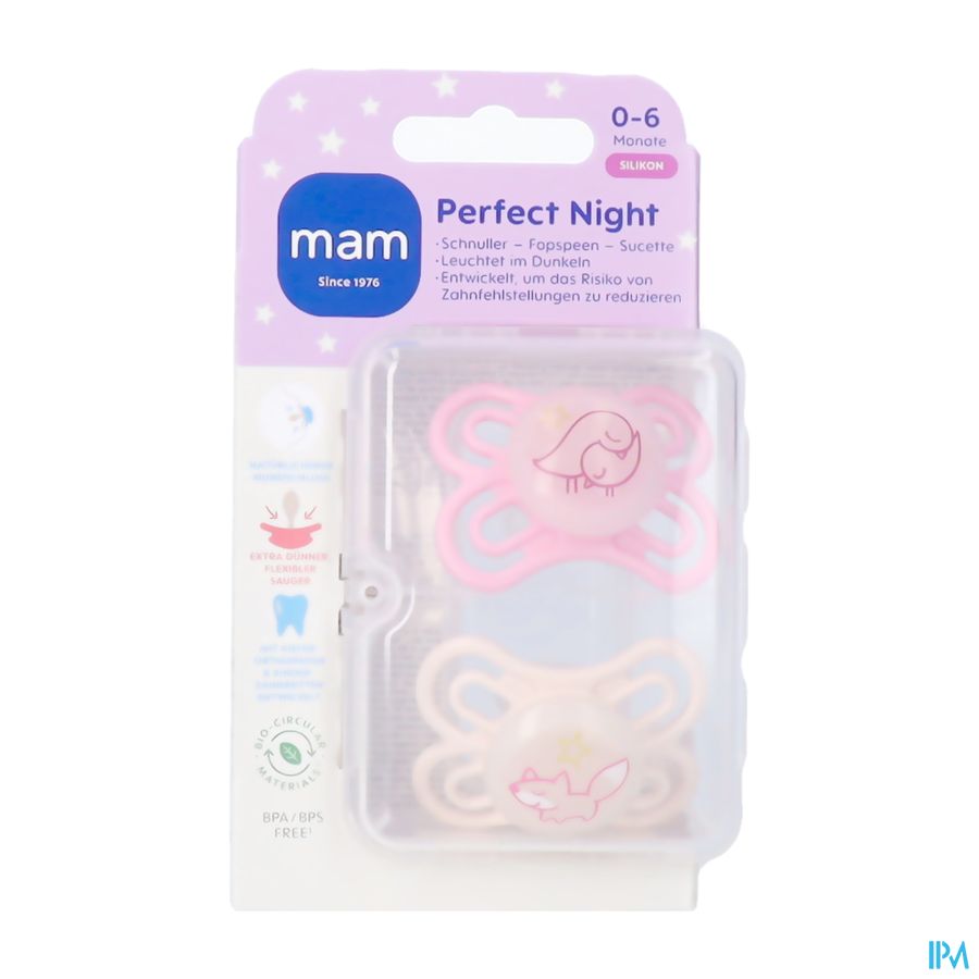 Mam Perfect Night Sucette Silicone Pure 0-6m Rose2 Mam Perfect Night Sucette Silicone Pure 0-6m Rose2