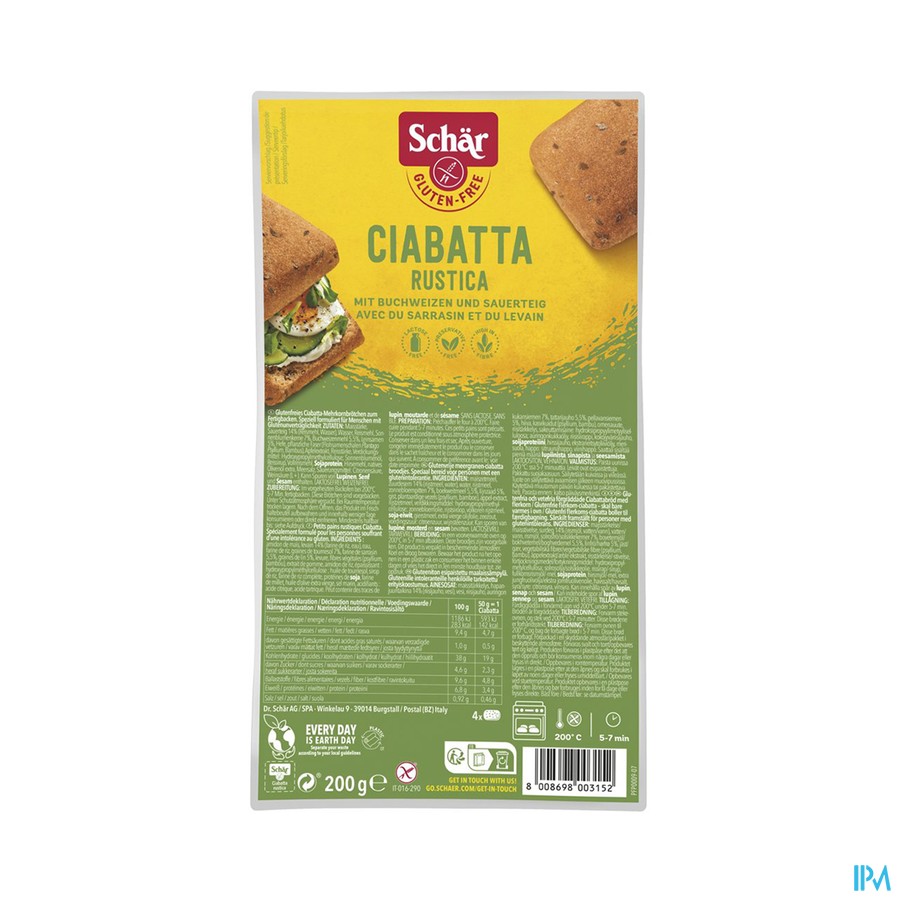Schar Ciabatta Rustica Glutenvrij200g 6616 Revogan